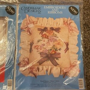 Lot of 2 Candamar Designs Ribbon Floral Bouquet Pillow and Picture - Pink